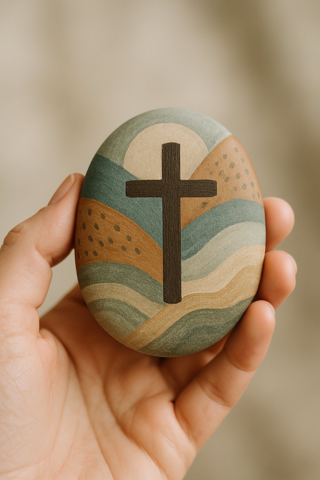 A hand holding a smooth painted river rock with a simple artistic design, lit by natural light.