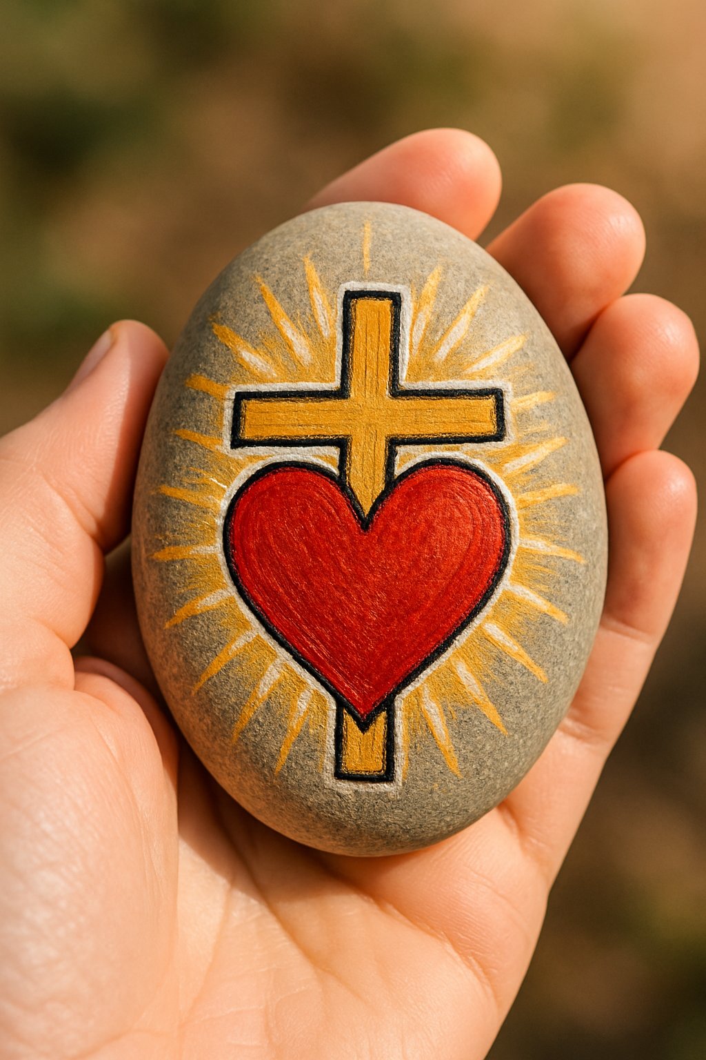 A hand holding a smooth painted rock featuring a heart, cross, and sunburst design.