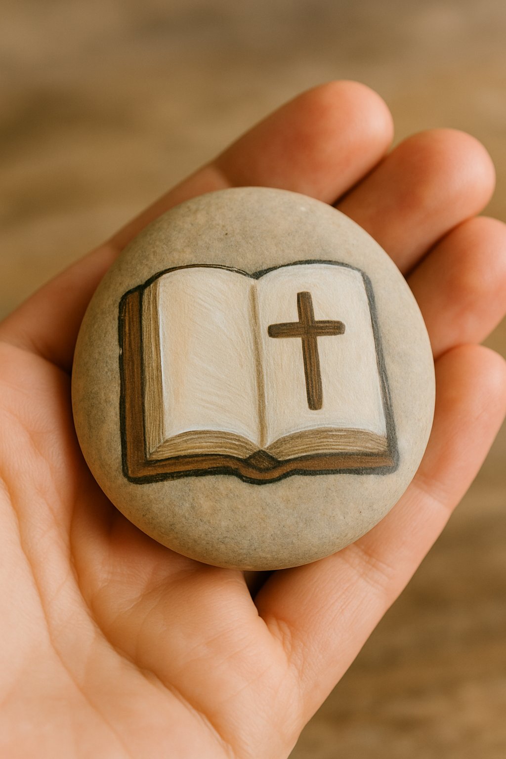 A hand holding a smooth river rock painted with a Bible and cross design.