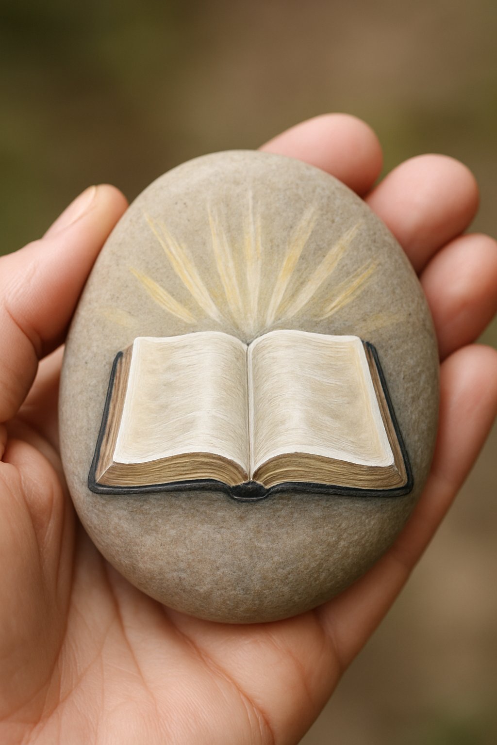 A hand holding a smooth river rock painted with an open Bible and rays of light.