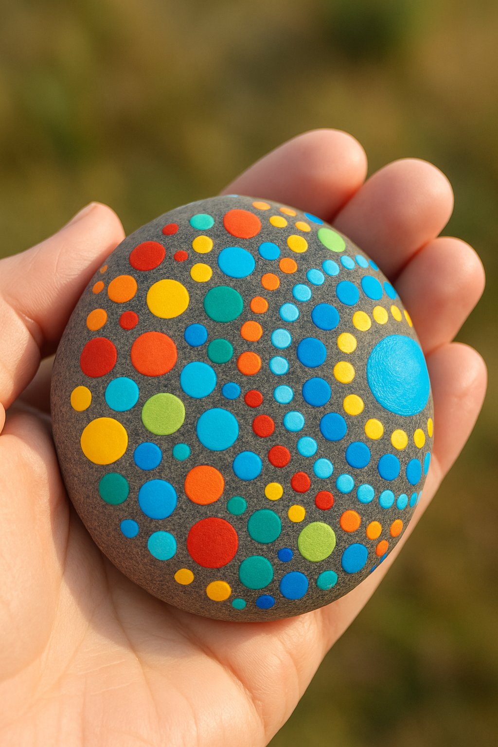 A hand holding a smooth river rock painted with colorful dots.