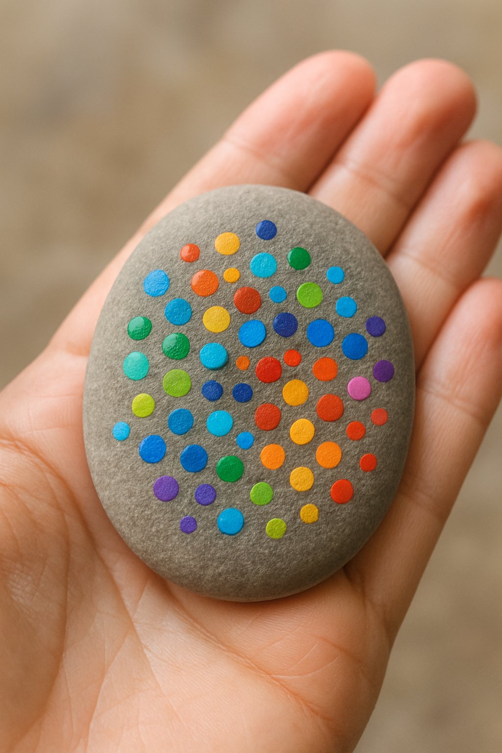A hand holding a smooth river rock painted with colorful dots.