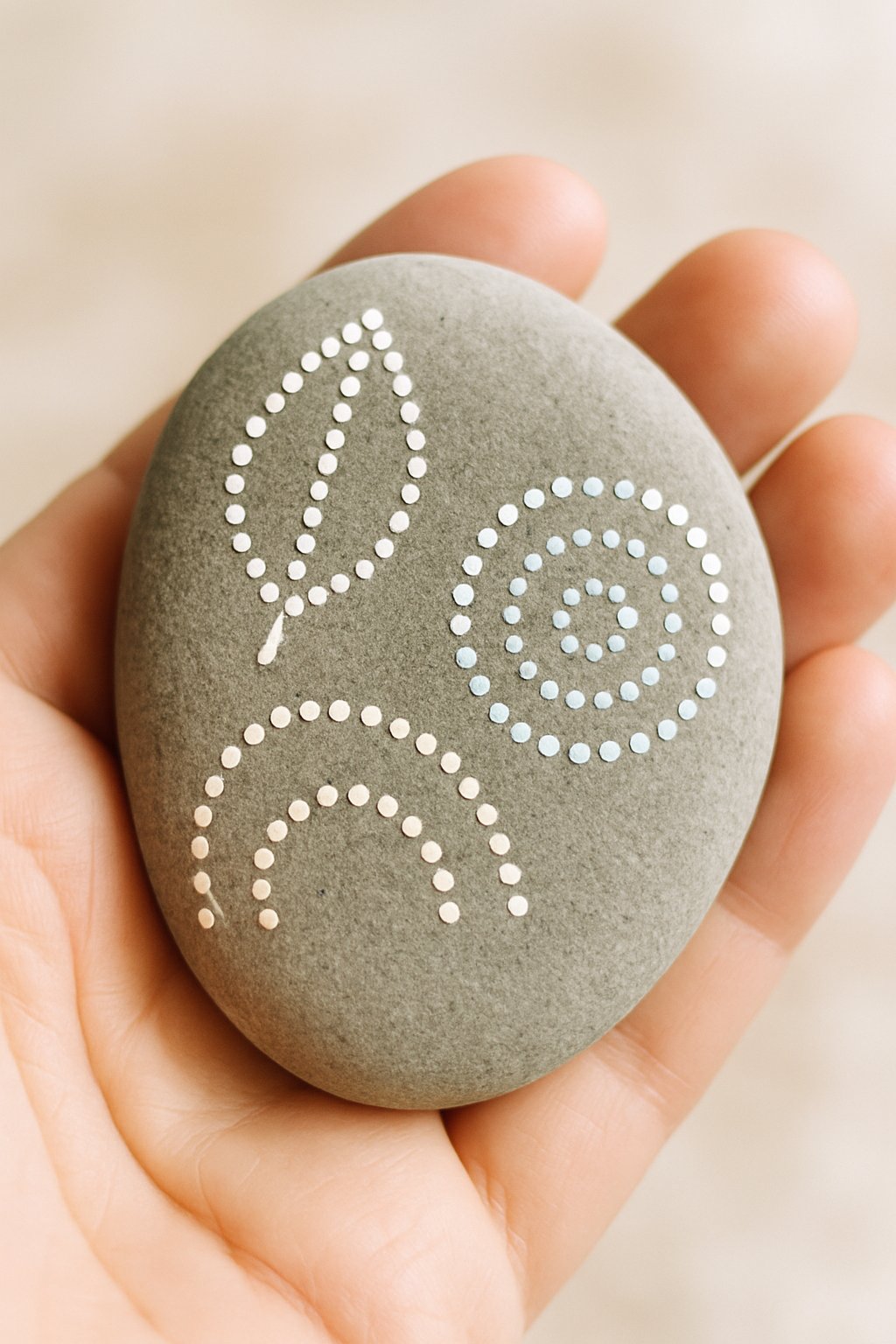 A hand holding a smooth painted river rock with simple dot designs.