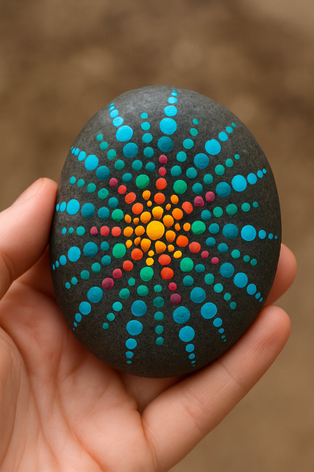 A hand holding a smooth painted river rock with a colorful starburst dot pattern.