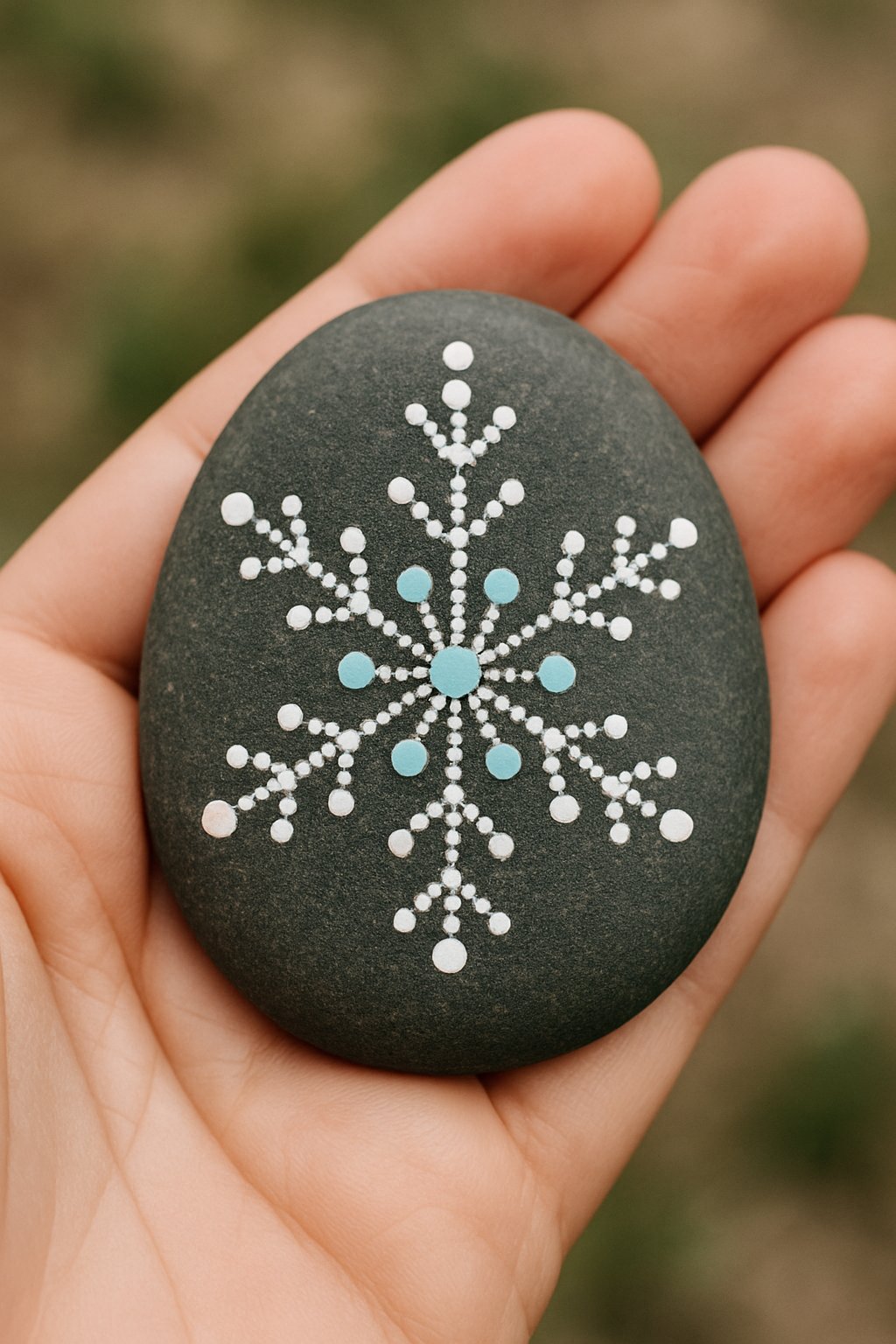 A hand holding a smooth river rock painted with a white and light blue dot snowflake design.