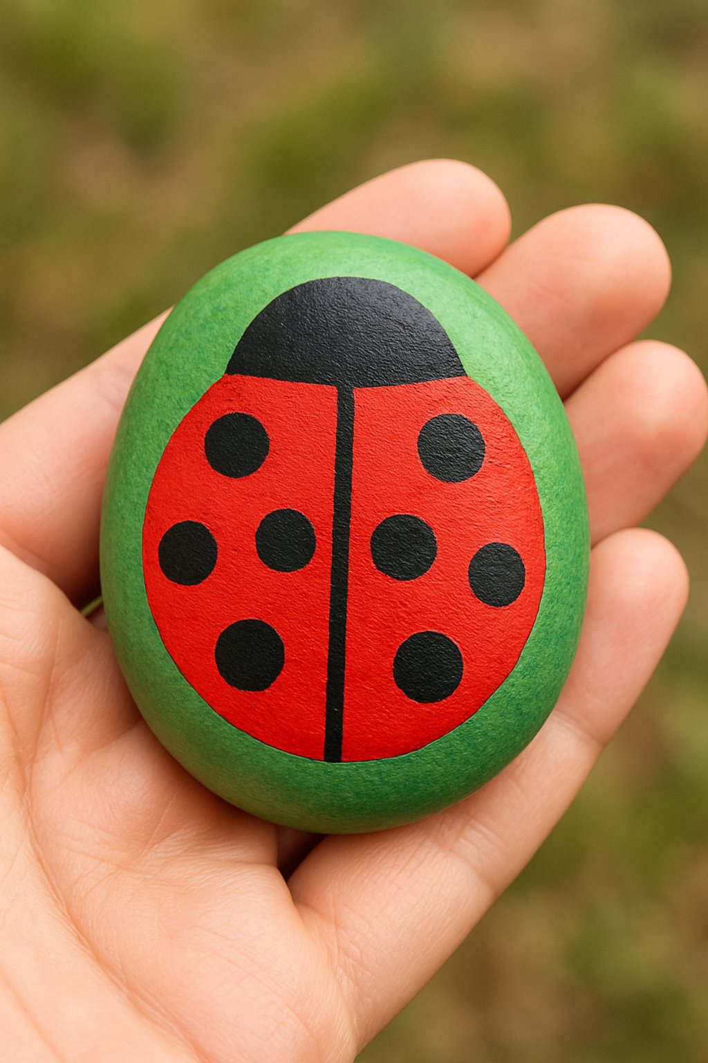 A hand holding a smooth river rock painted with a red and black dotted ladybug on a green background.