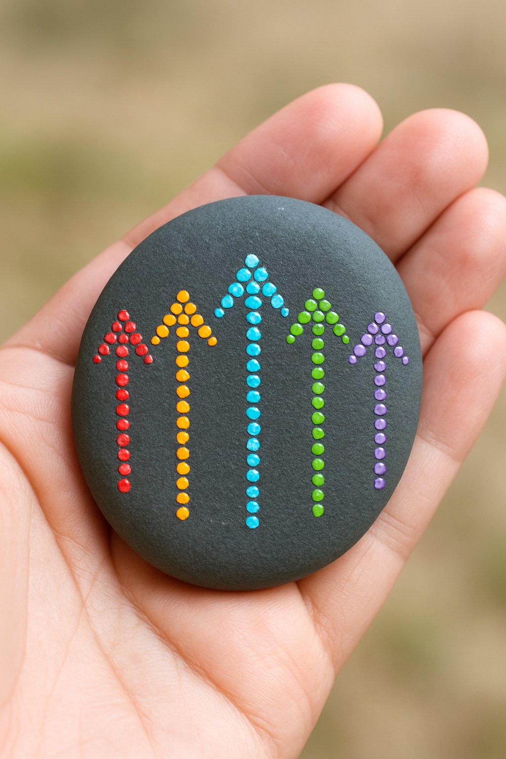 A hand holding a smooth river rock painted with colorful dotted arrow designs.