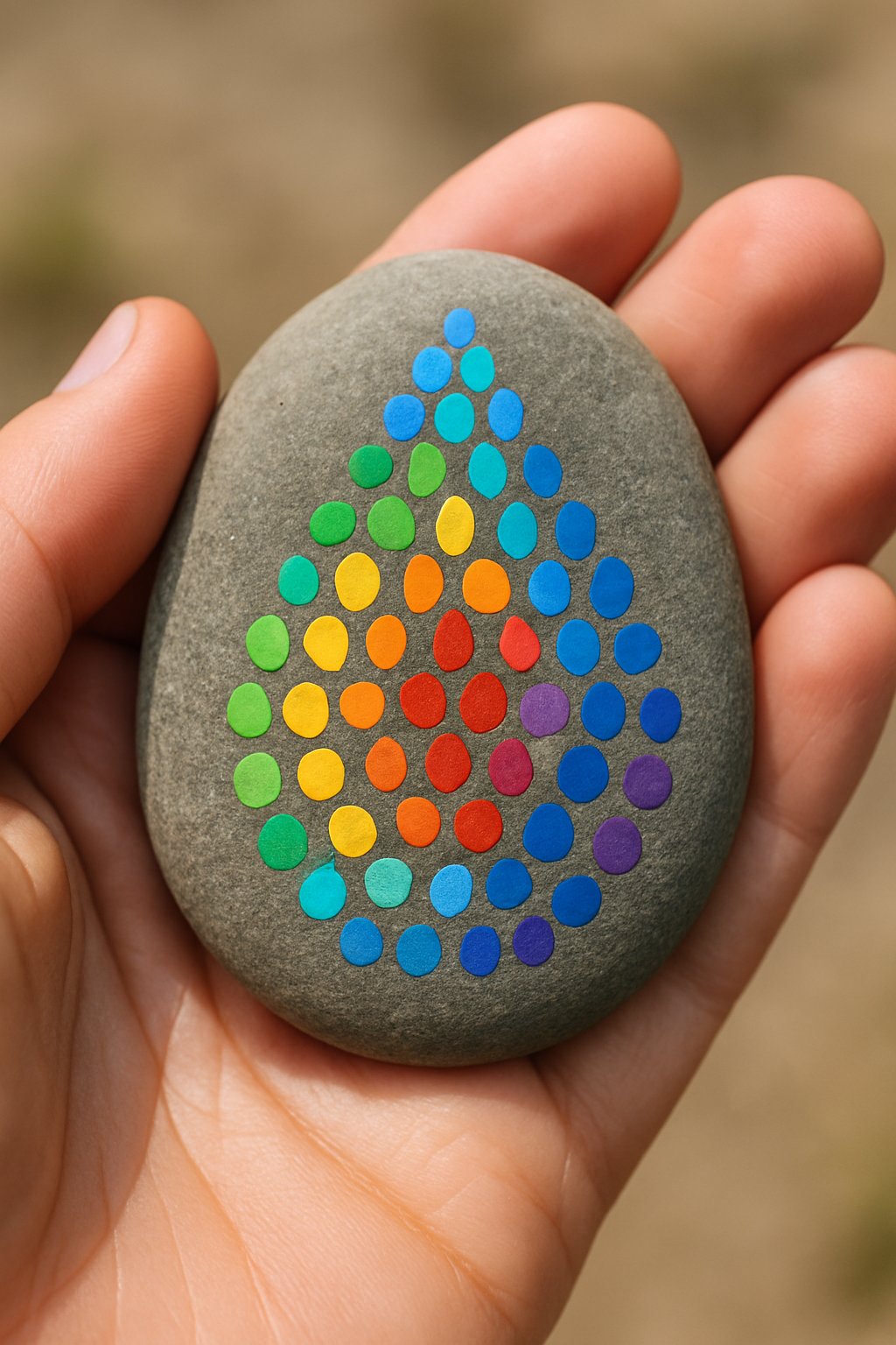 A hand holding a smooth painted river rock with colorful dot patterns.