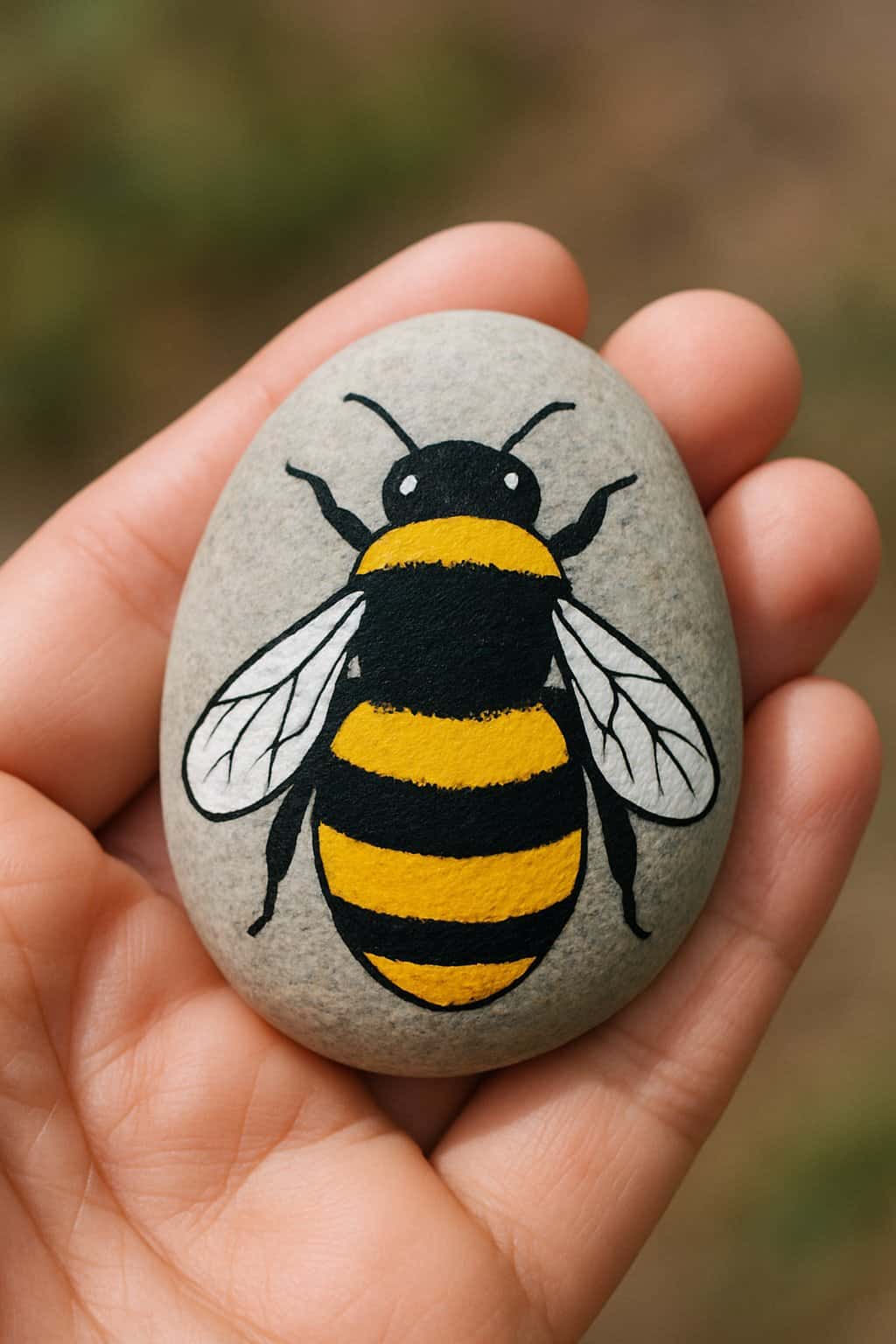 A hand holding a smooth river rock painted with a yellow and black striped bumblebee design.