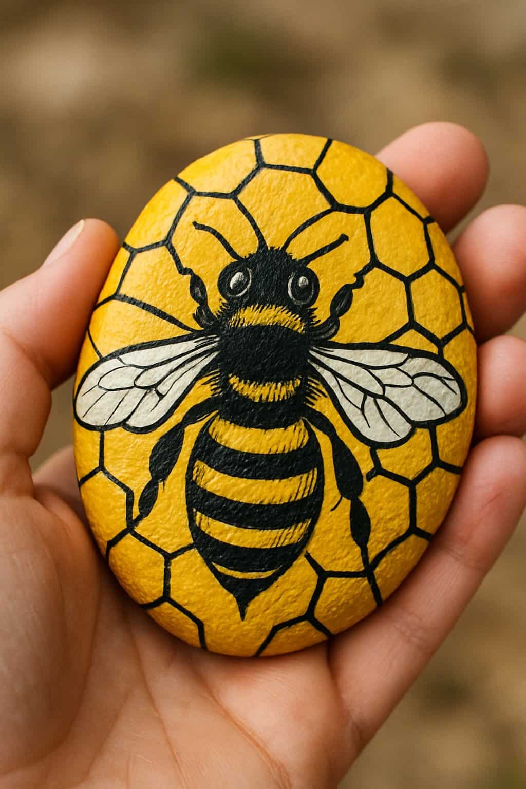 A hand holding a smooth river rock painted with a bee and honeycomb pattern.