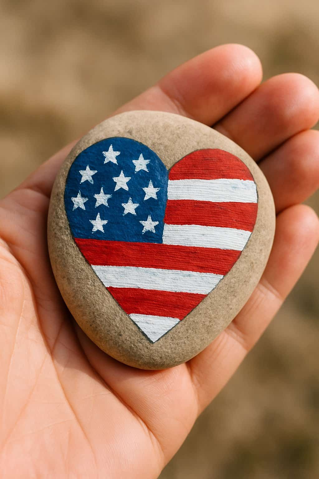 A hand holding a smooth river rock painted with an American flag heart design.