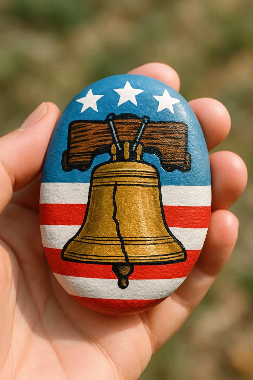 A hand holding a smooth river rock painted with a Liberty Bell design.