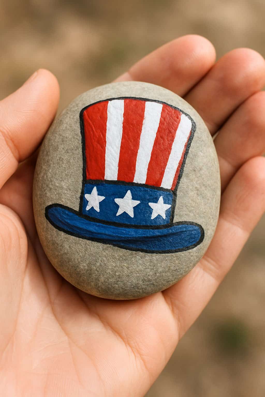 A hand holding a smooth river rock painted with a colorful Uncle Sam hat design.