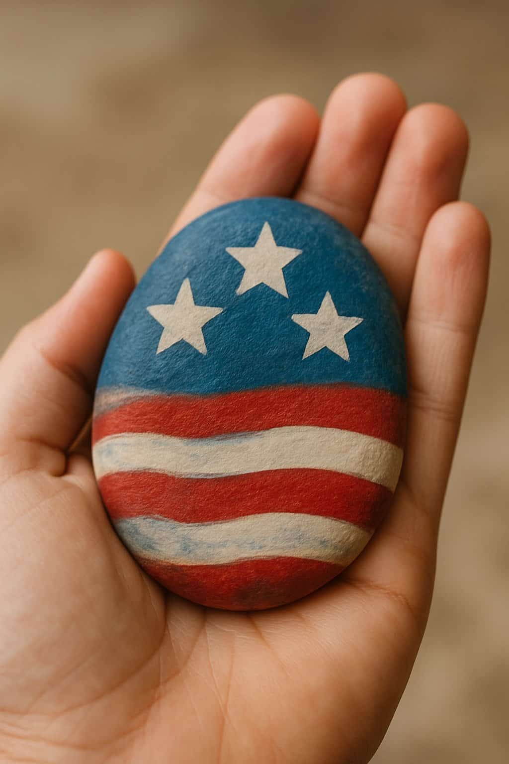 A hand holding a smooth painted river rock with a patriotic design.