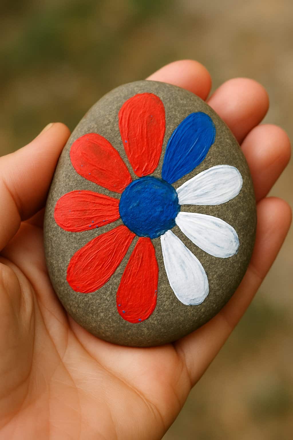 A hand holding a smooth river rock painted with a patriotic flower design.