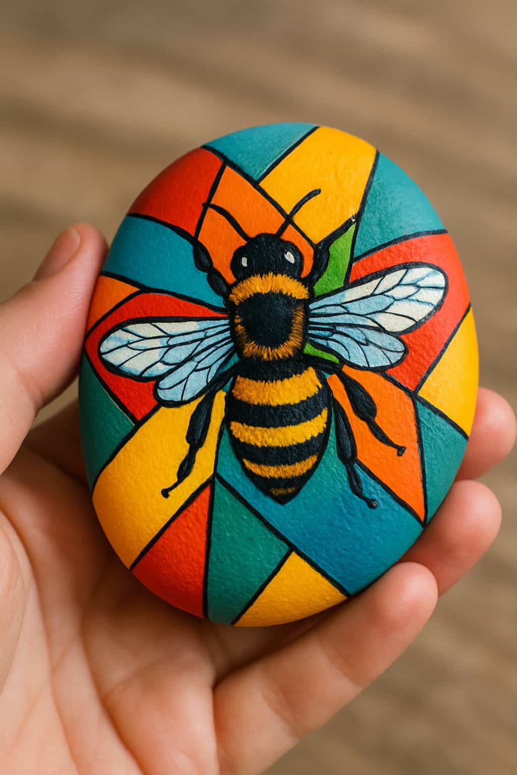 A hand holding a smooth river rock painted with a bee and geometric shapes.