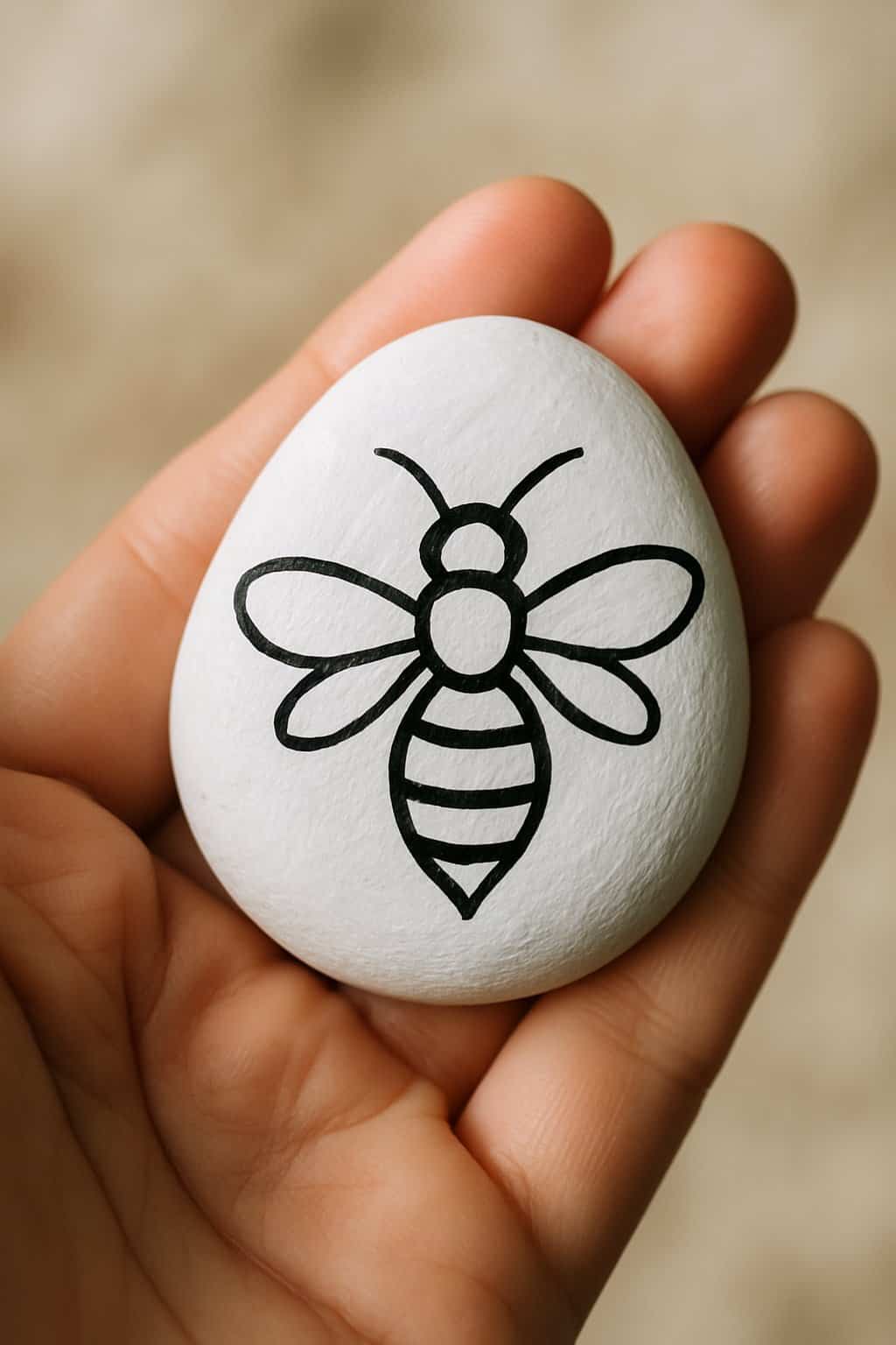 A hand holding a smooth white rock painted with a simple black bee outline.