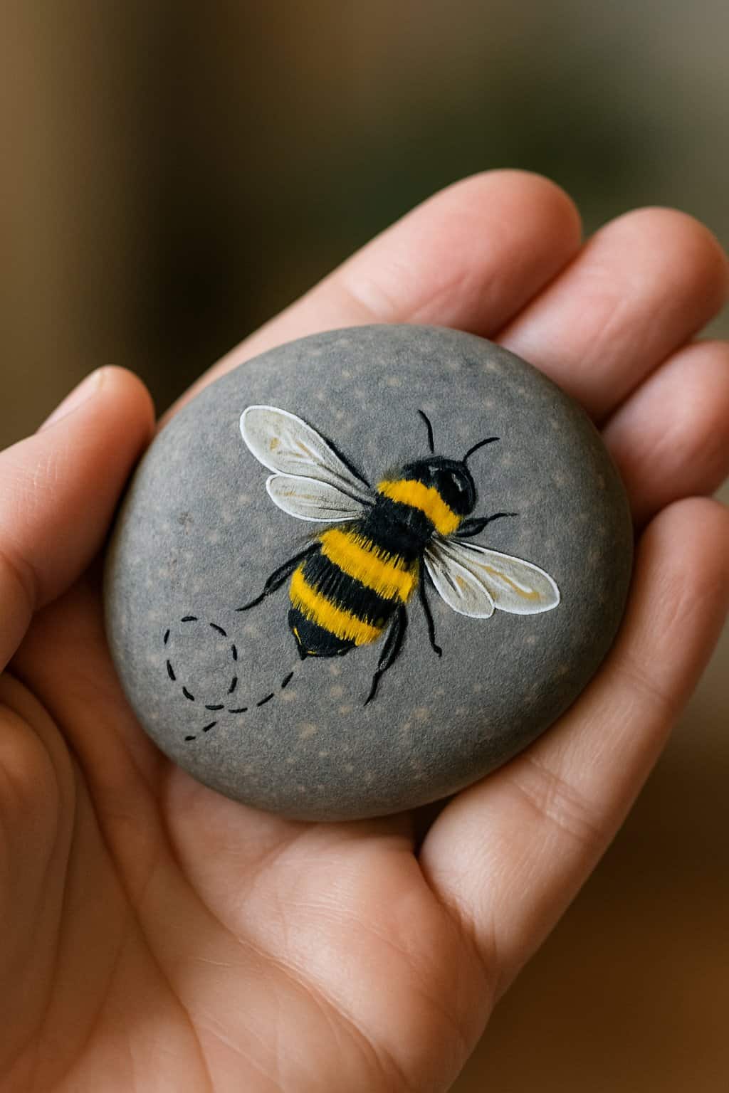 A hand holding a smooth river rock painted with a bee and tiny bee trails behind it.
