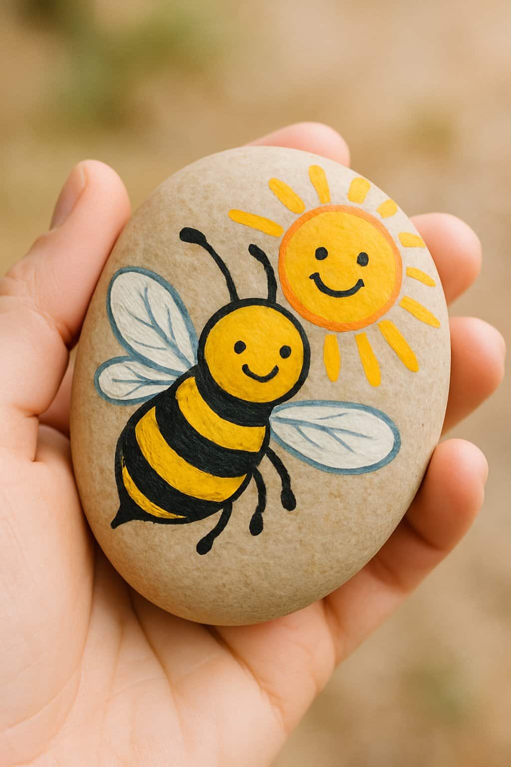 A hand holding a smooth river rock painted with a happy bee and a smiling sun.