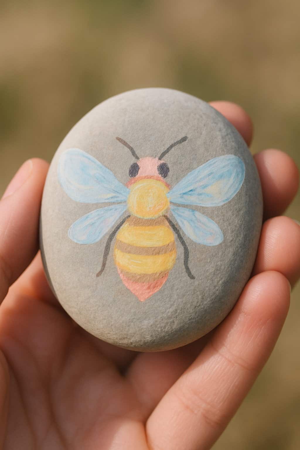 A hand holding a smooth river rock painted with a colorful bee design.