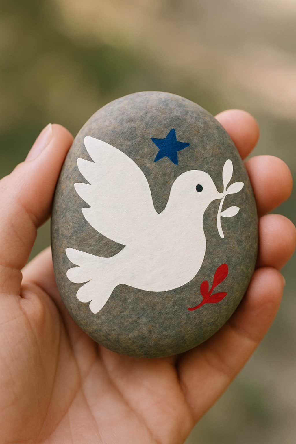 A hand holding a smooth river rock painted with a white peace dove and patriotic colors.
