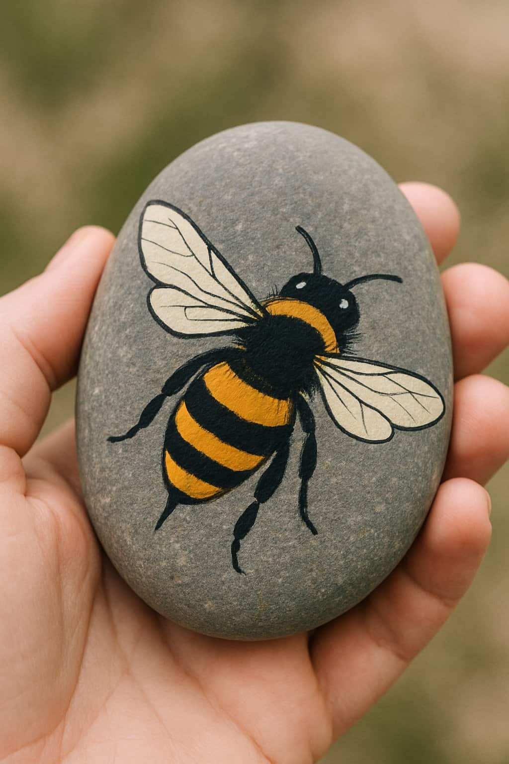 A hand holding a smooth river rock painted with a detailed bee in mid-flight.