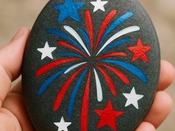 A hand holds a smooth black stone painted with red, white, and blue stars and fireworks, creating a festive, patriotic design.