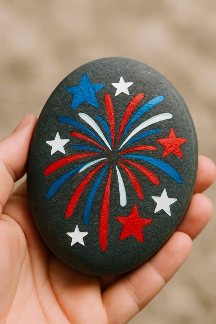 A hand holds a smooth black stone painted with red, white, and blue stars and fireworks, creating a festive, patriotic design.