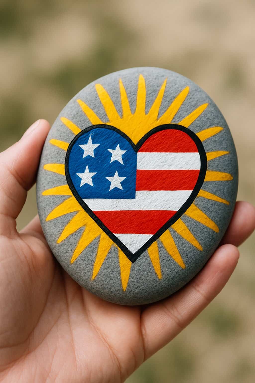 A hand holding a smooth river rock painted with a heart featuring the American flag and a sunburst design.