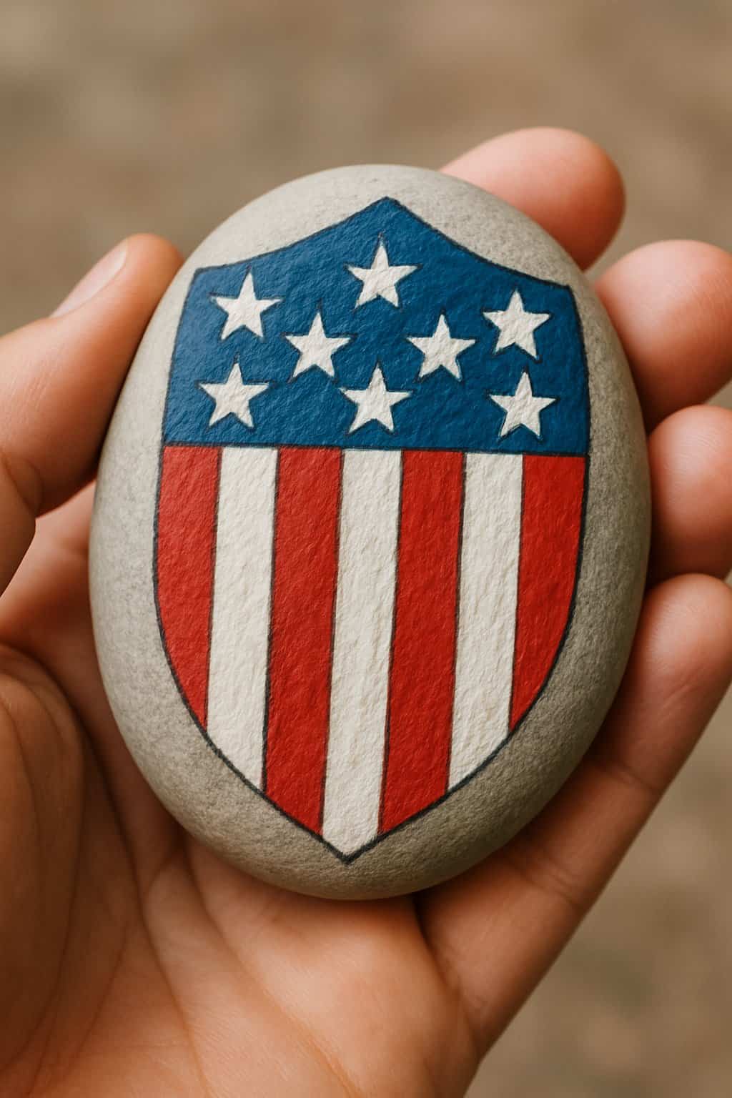 A hand holding a smooth river rock painted with an American flag shield design.