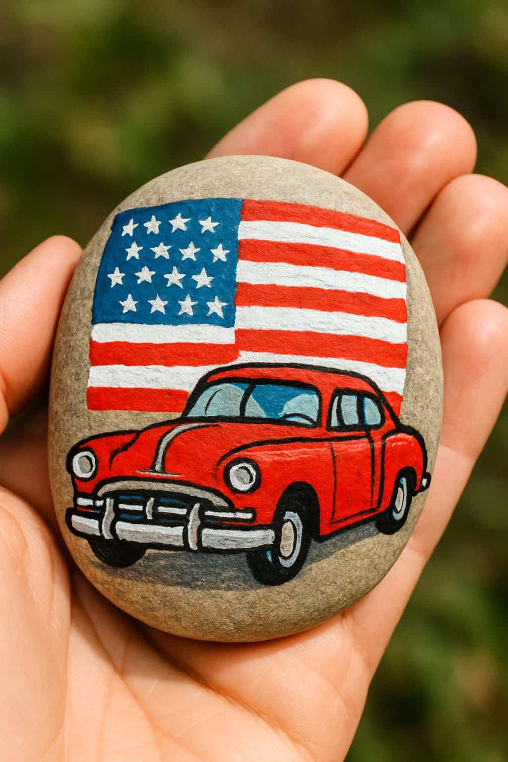 A hand holding a smooth river rock painted with a vintage American car and an American flag.