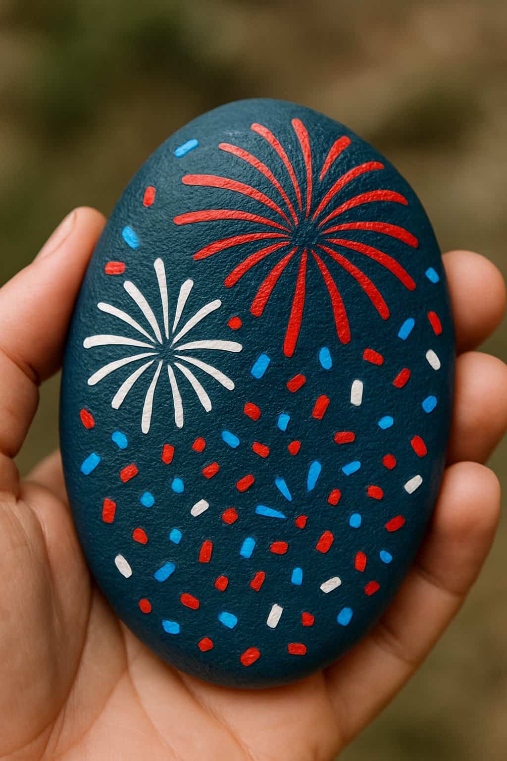 A hand holding a smooth river rock painted with colorful fireworks and confetti designs.