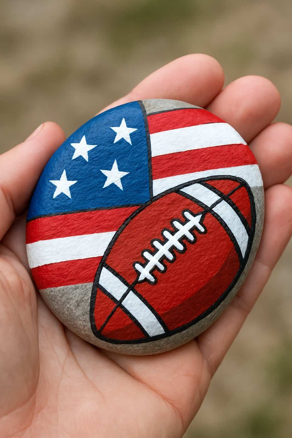 A hand holding a smooth river rock painted with an American football and flag design.