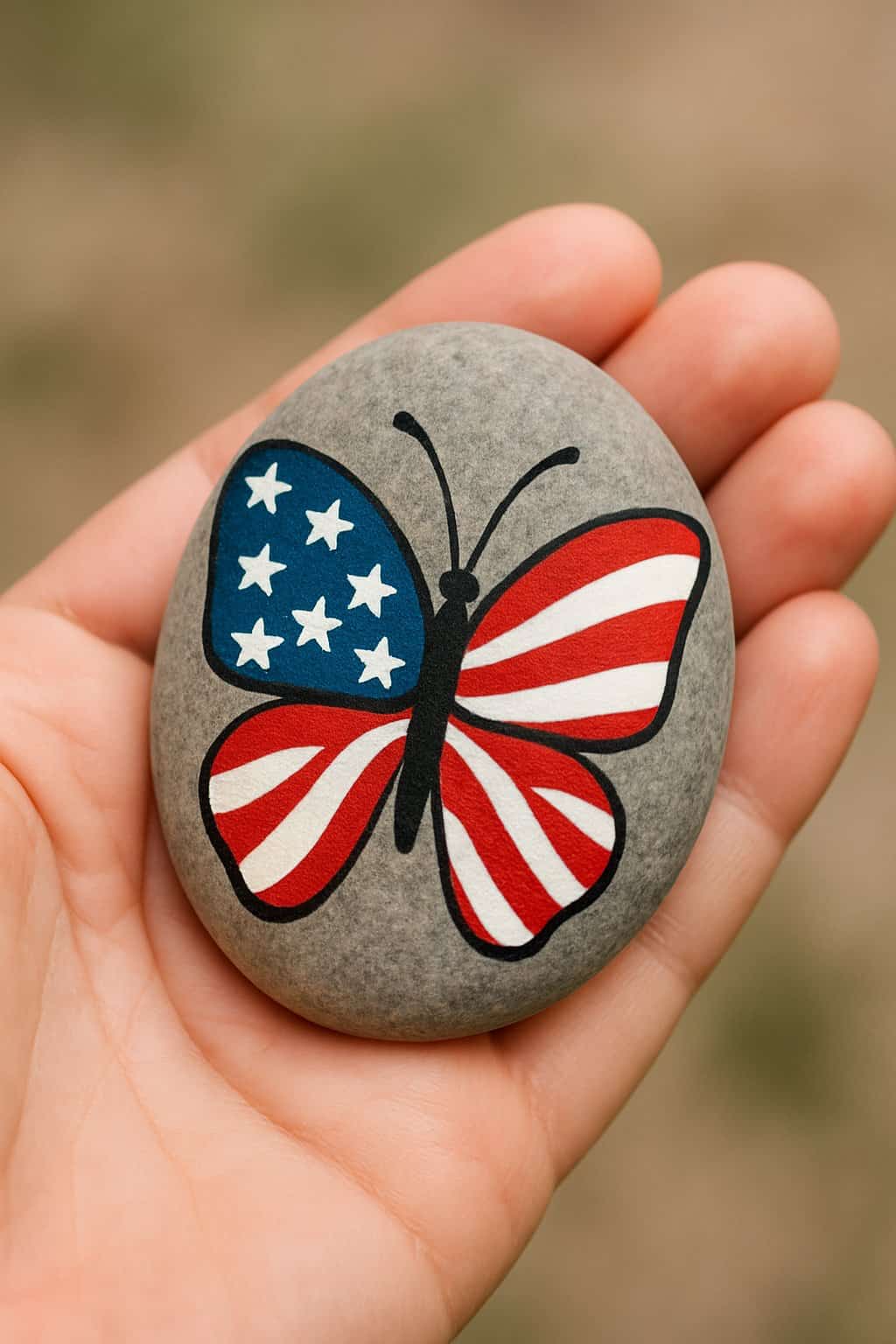 A hand holding a smooth river rock painted with an American flag butterfly design.