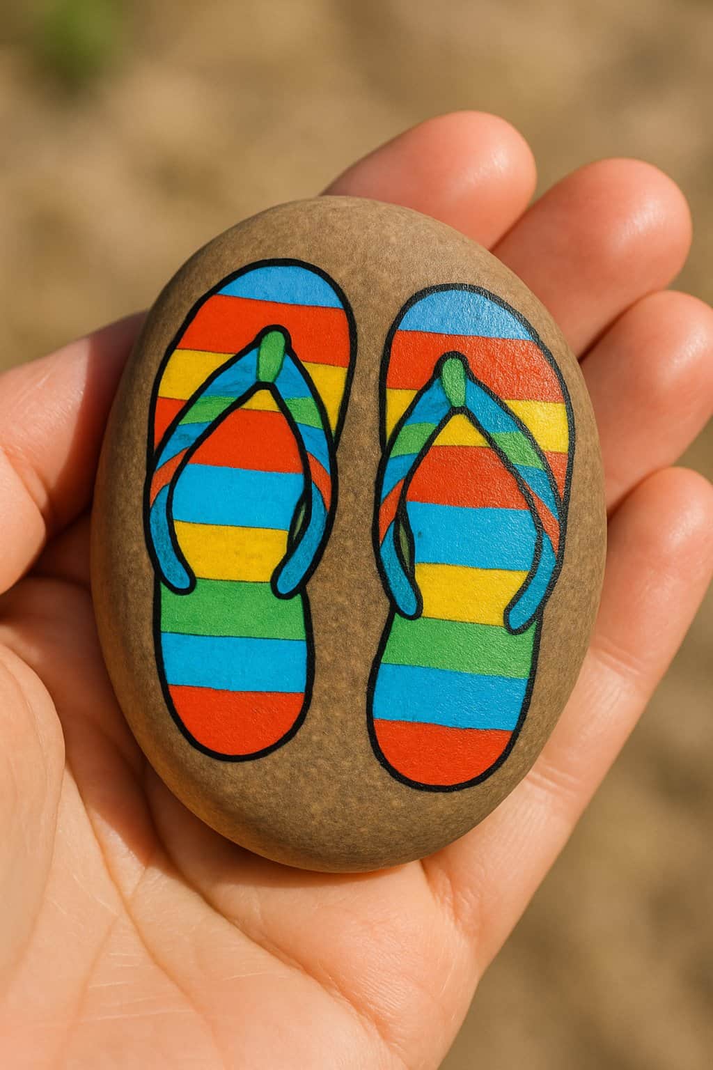 A hand holding a smooth river rock painted with colorful flip flop designs.