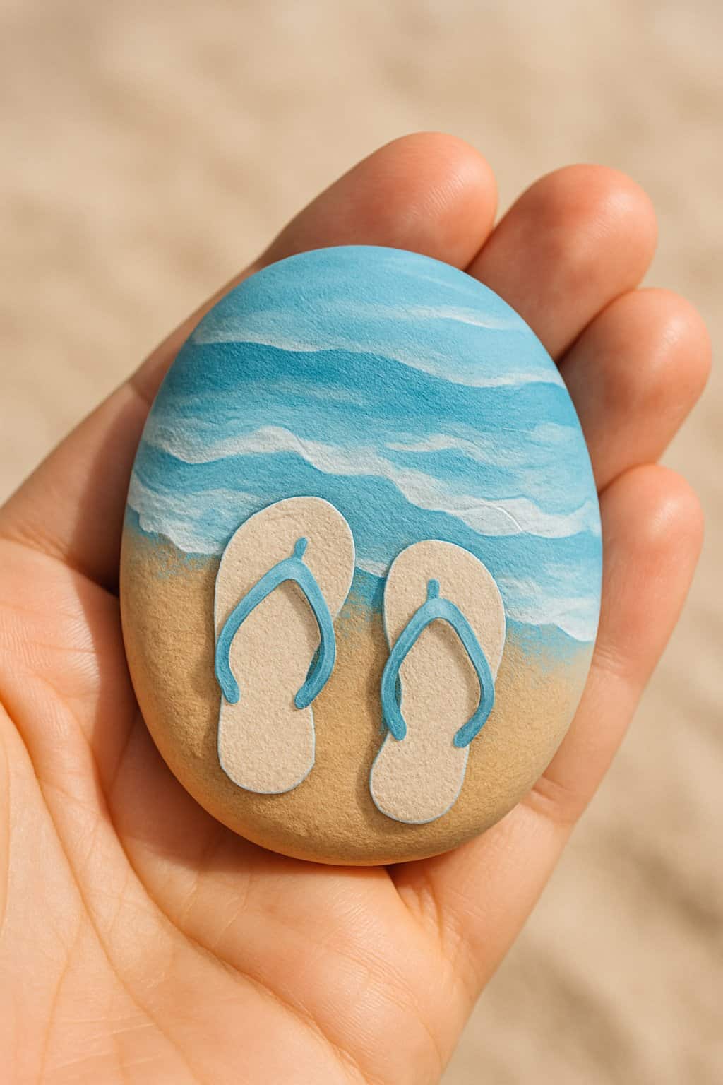 A hand holding a smooth river rock painted with a blue and white wave design.
