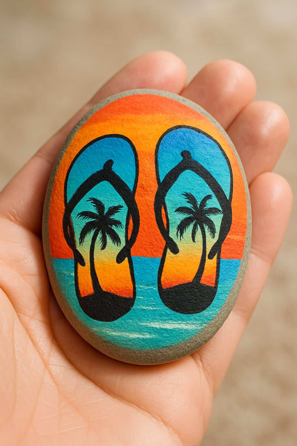 A hand holding a smooth river rock painted with flip flop and palm tree designs.
