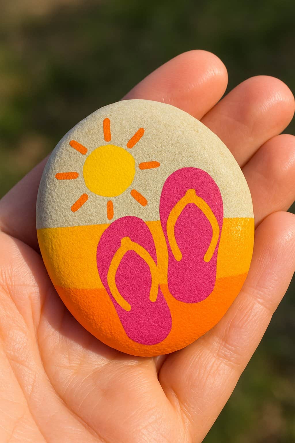 Hand holding a smooth river rock painted with a colorful sunshine and flip flop design.