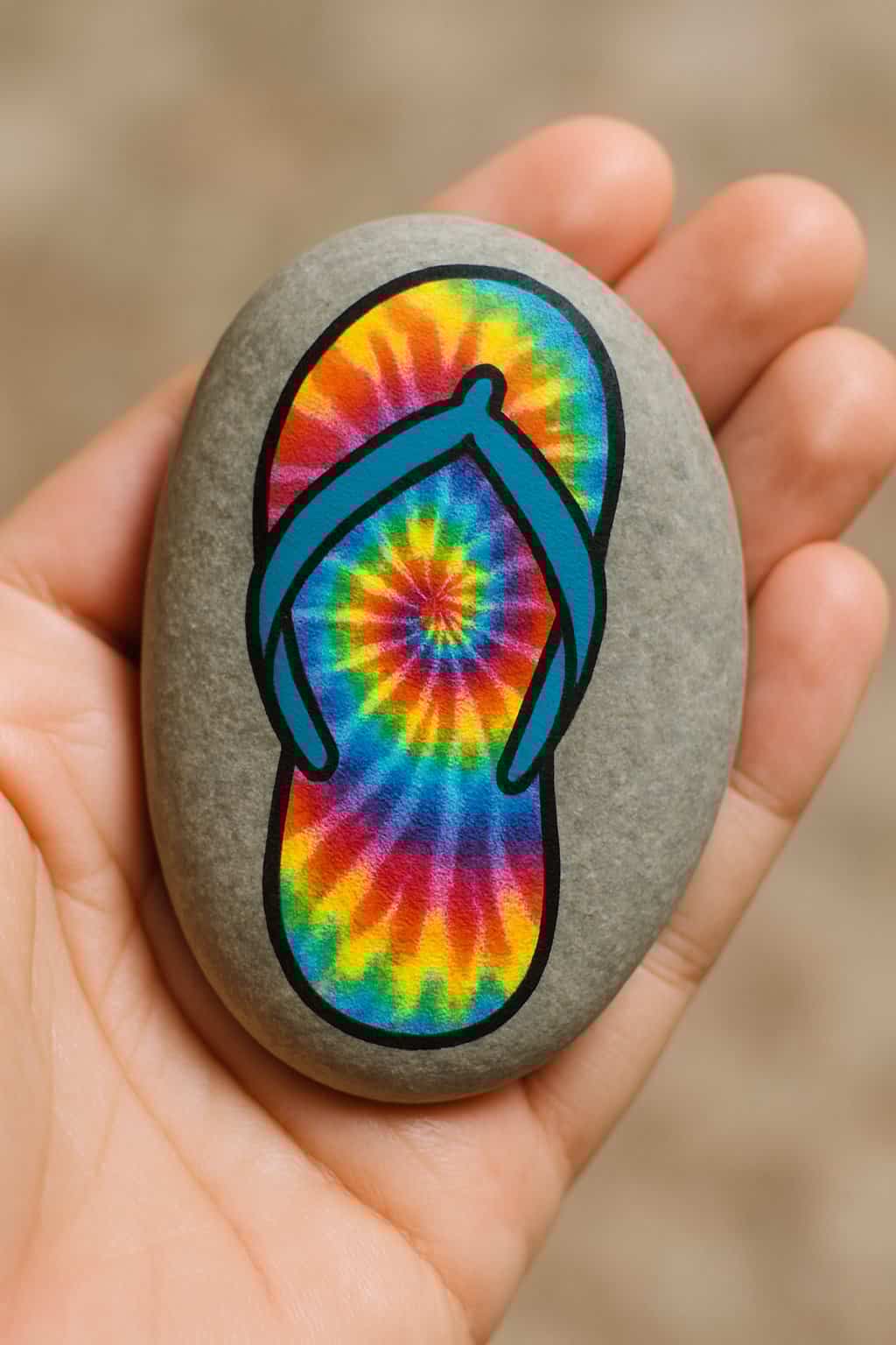 A hand holding a smooth river rock painted with a colorful flip flop design.