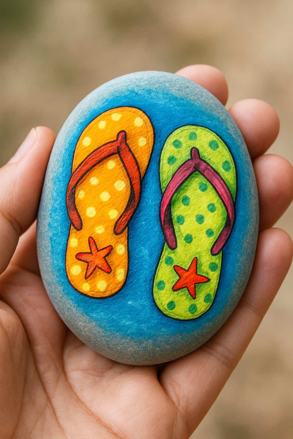 A hand holding a smooth river rock painted with colorful flip flops and starfish designs.