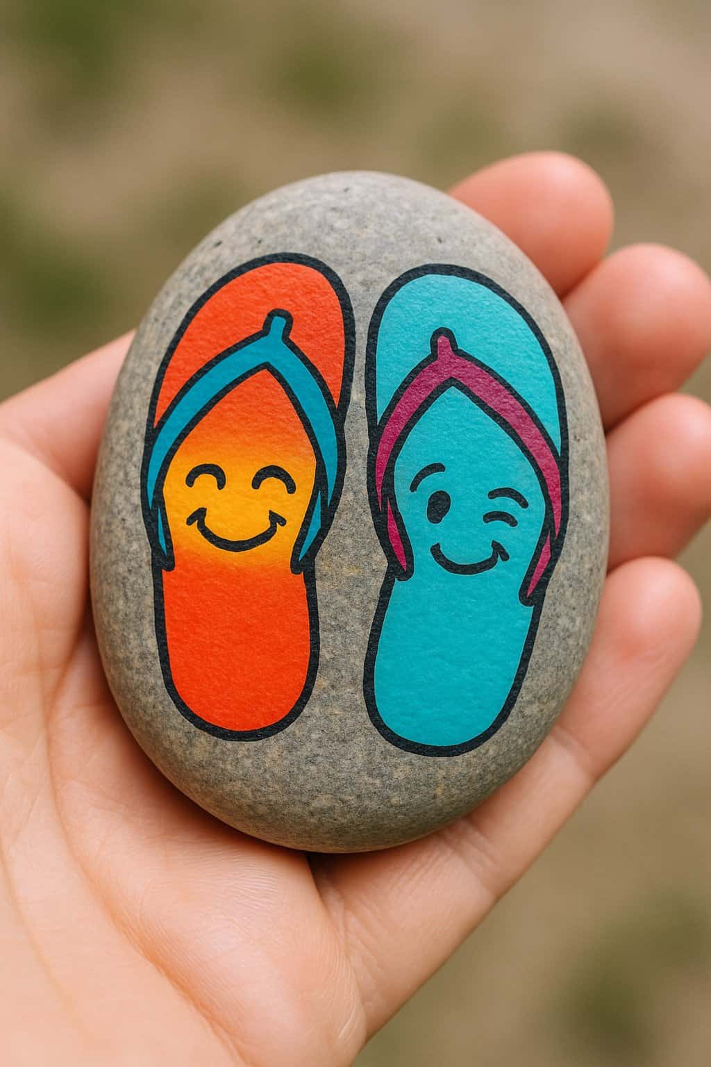 A hand holding a smooth river rock painted with colorful flip flop designs featuring cute emoji faces.