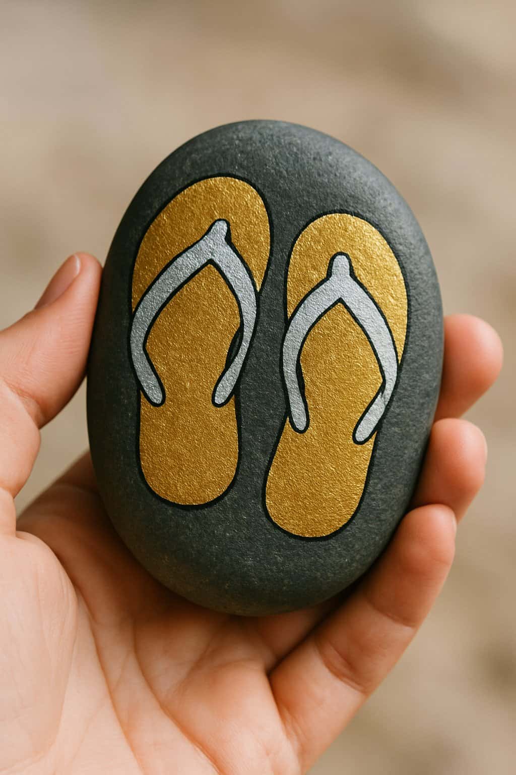 A hand holding a smooth river rock painted with a design of flip flops in metallic gold and silver paint.