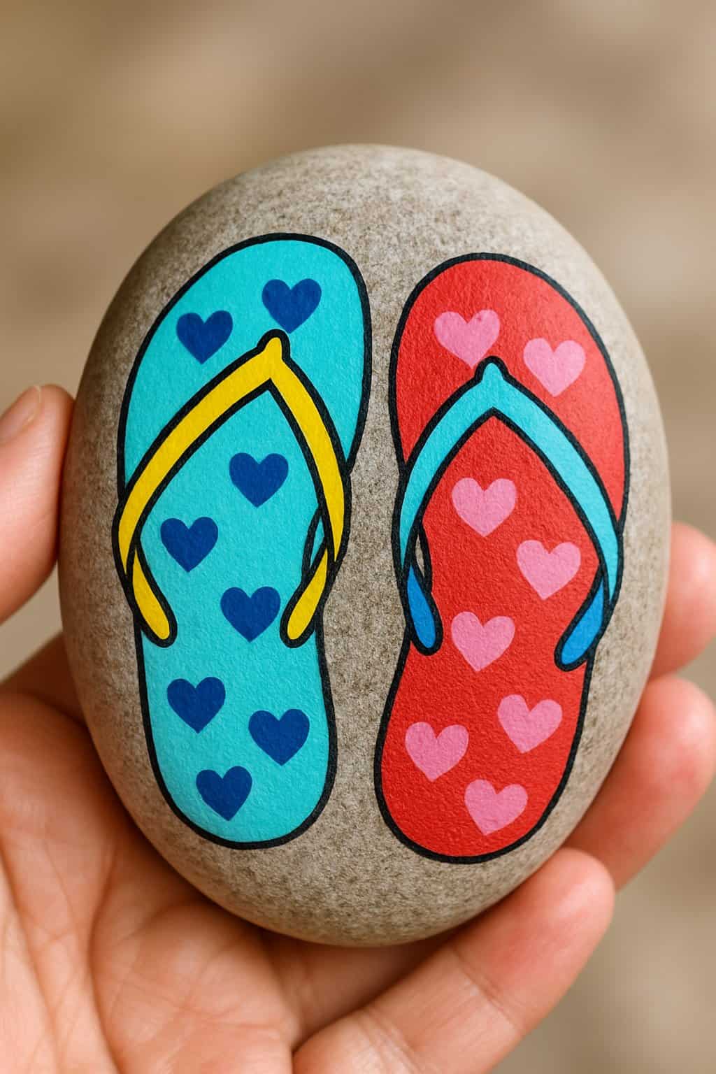 A hand holding a smooth river rock painted with colorful flip flops and heart patterns.