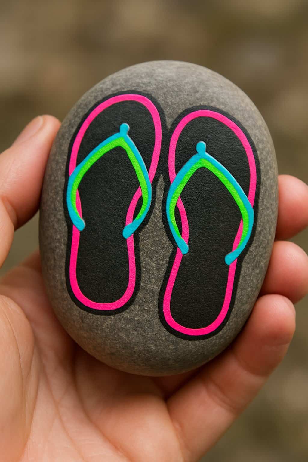 A hand holding a smooth river rock painted with colorful flip flop designs outlined in neon colors.