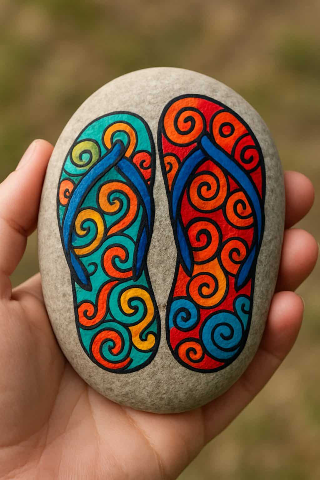 A hand holding a smooth river rock painted with colorful flip flop designs.