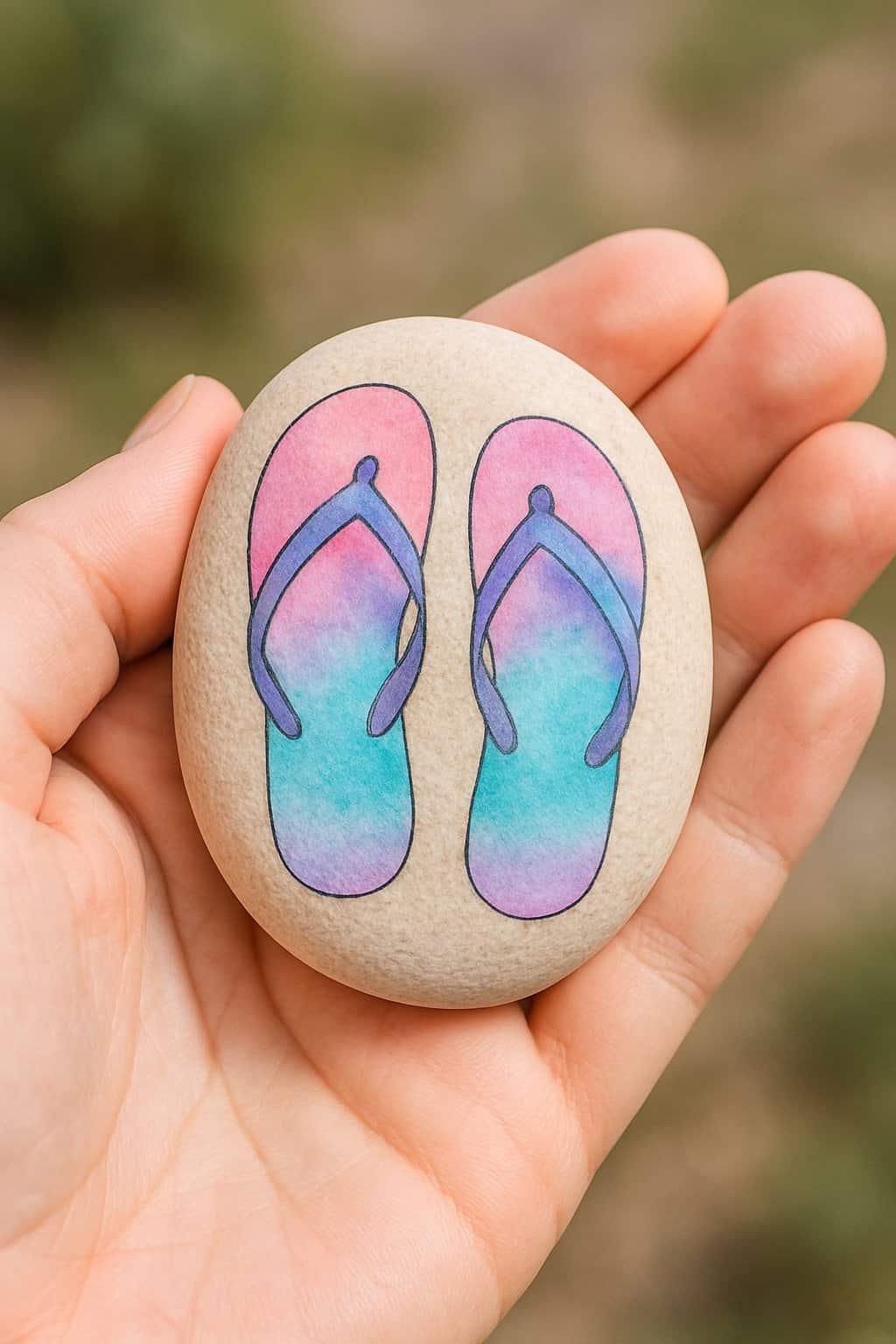 A hand holding a smooth painted rock with a colorful flip flop design.
