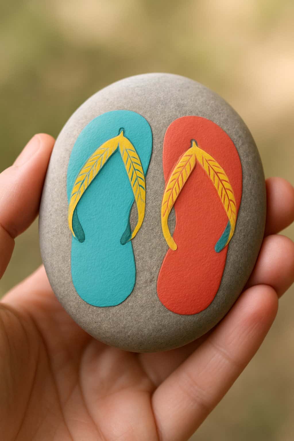 A hand holding a smooth river rock painted with colorful flip flop and feather designs.