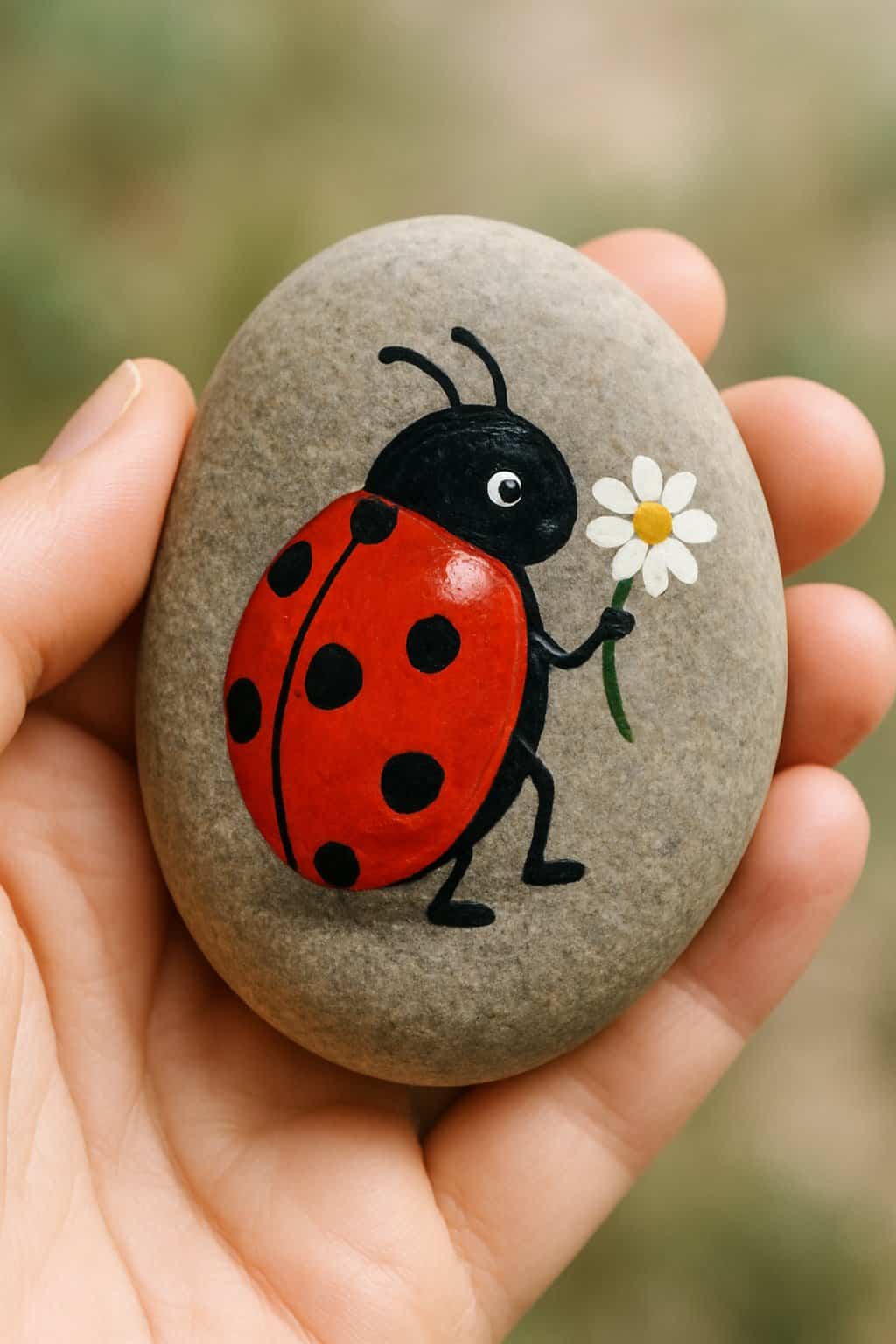 A hand holding a smooth river rock painted with a ladybug holding a daisy.