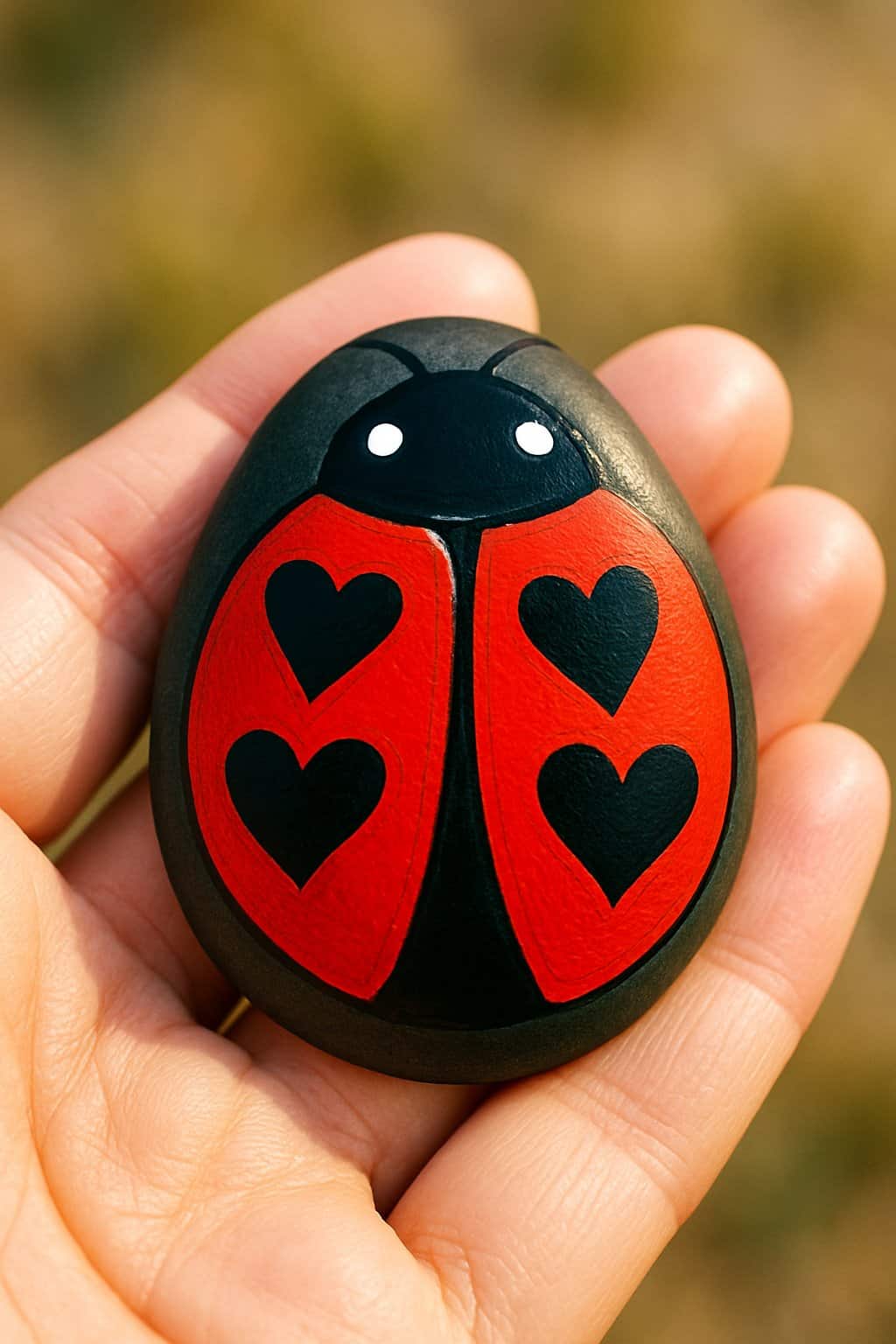 A hand holding a smooth river rock painted with a ladybug design featuring heart-shaped spots.