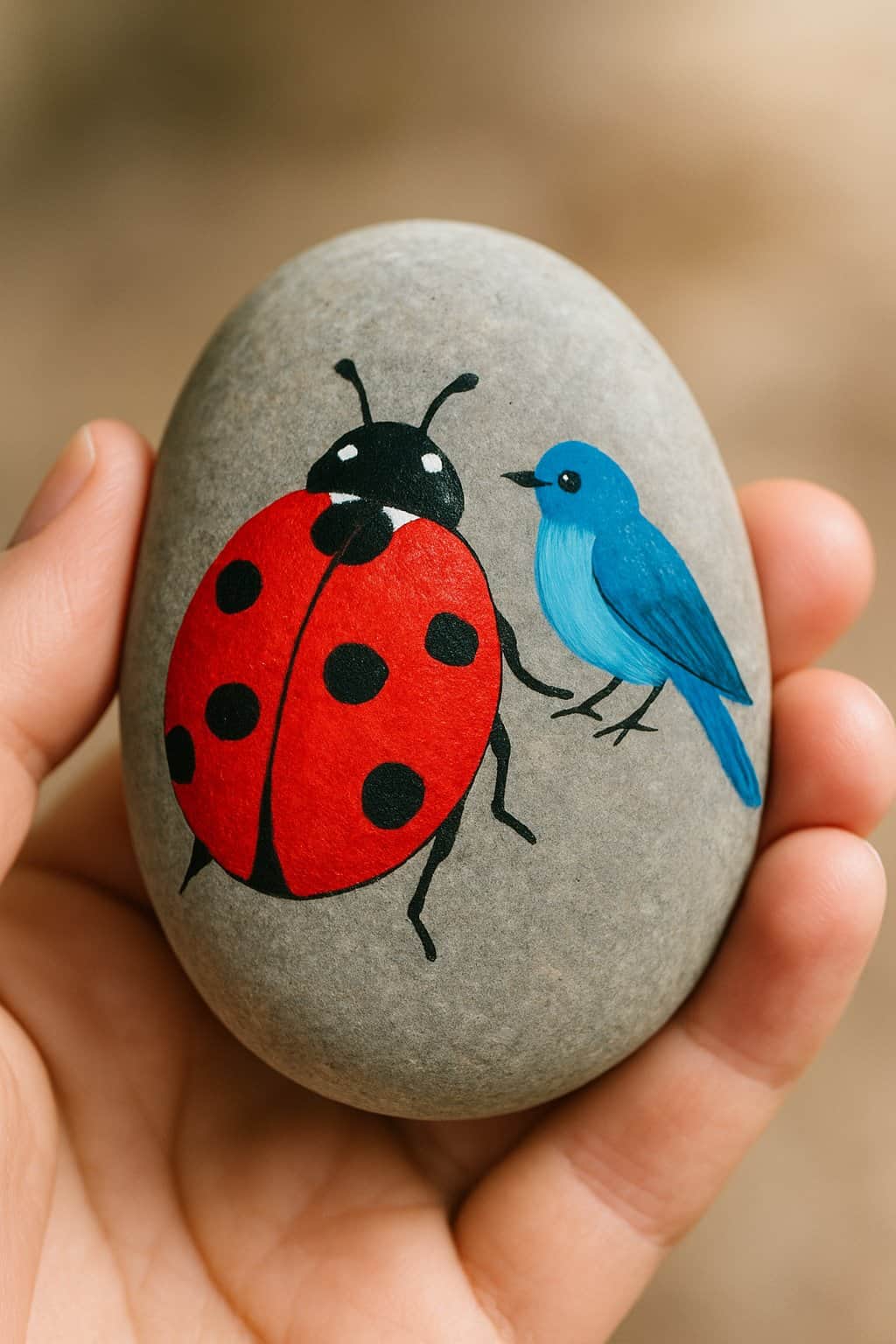 A hand holding a smooth river rock painted with a ladybug and a small bluebird.